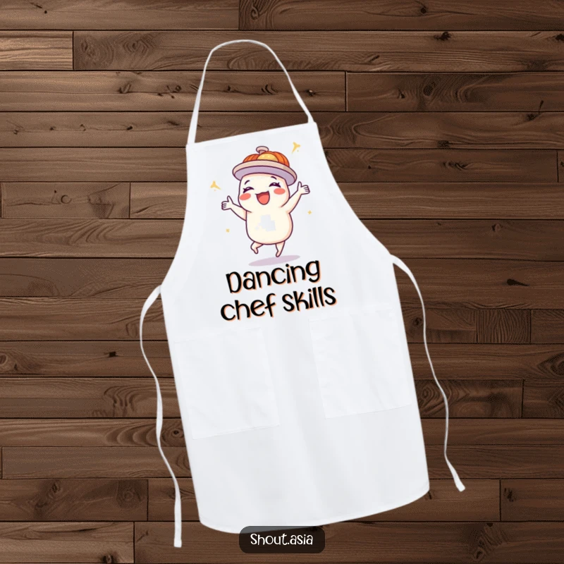 Funny dim sum apron showing a delighted platter doing a happy dance, ideal for chefs and home cooks who love festive meals.