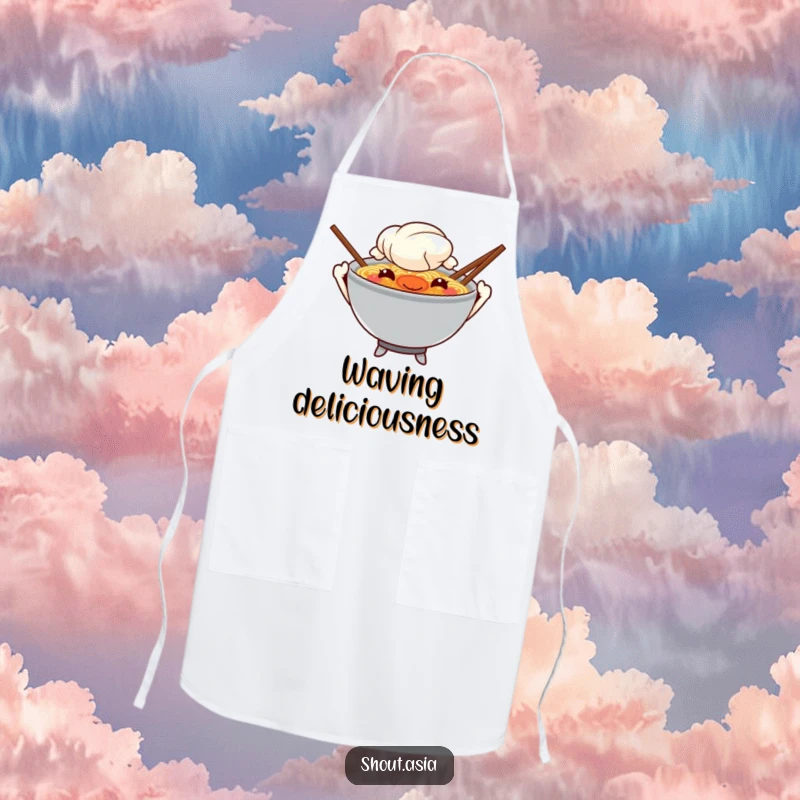 Funny ramen apron showing a mischievous ramen bowl with chopstick arms waving, ideal for chefs and home cooks who love noodle dishes.