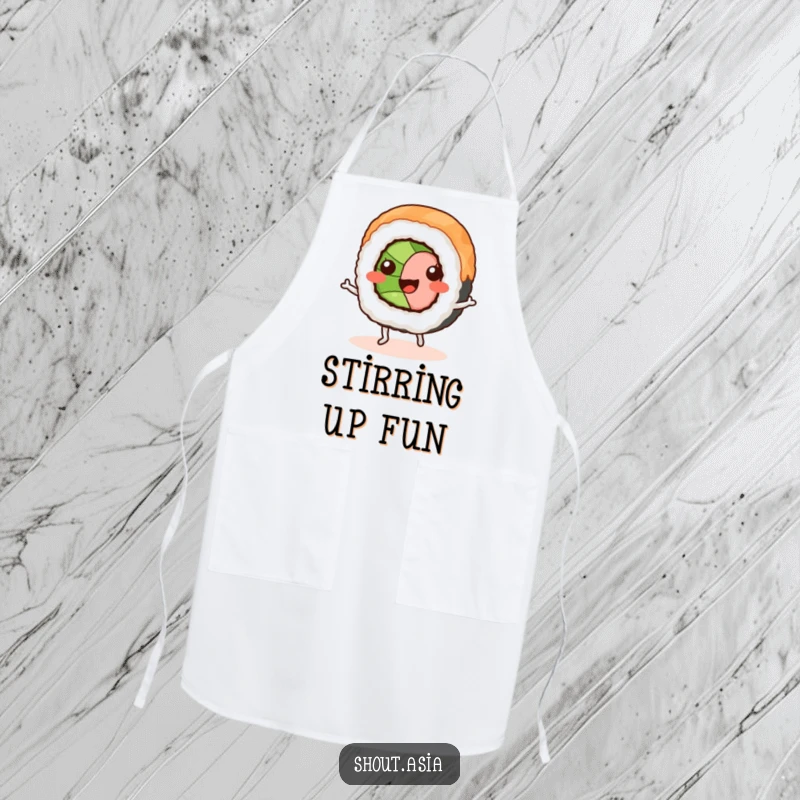 Funny sushi roll apron showing a smiling sushi with tiny legs doing a jig, ideal for chefs and home cooks who love humor.
