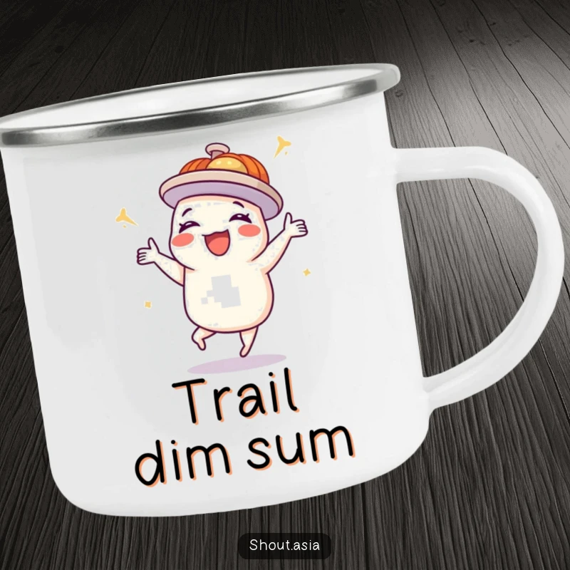 Funny dim sum camping mug showing a delighted platter doing a happy dance, durable and humorous for outdoor dining.