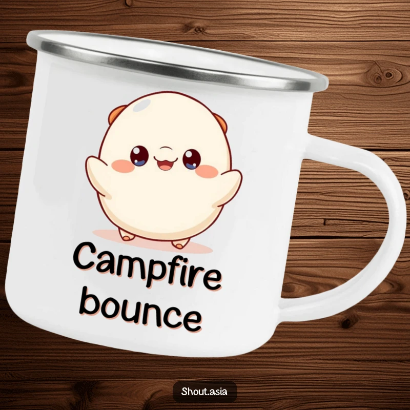 Funny dumpling camping mug showing a cheerful dumpling with bright eyes playfully bouncing, durable and humorous for outdoor trips.