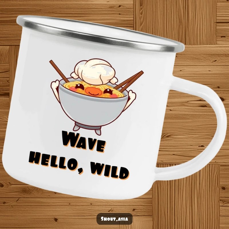 Funny ramen camping mug showing a mischievous ramen bowl with chopstick arms waving, durable and humorous for outdoor dining.
