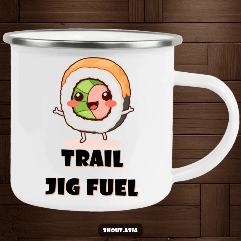 Funny sushi roll camping mug showing a smiling sushi with small legs dancing a jig, durable and humorous for outdoor use.