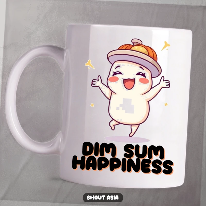 Funny dim sum platter mug featuring a delighted platter doing a happy dance, perfect for adding fun to your tea or coffee break.