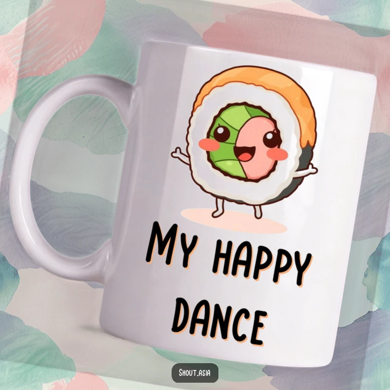 Funny sushi roll mug featuring a smiling sushi with tiny legs performing an energetic jig, perfect for adding humor to your desk.