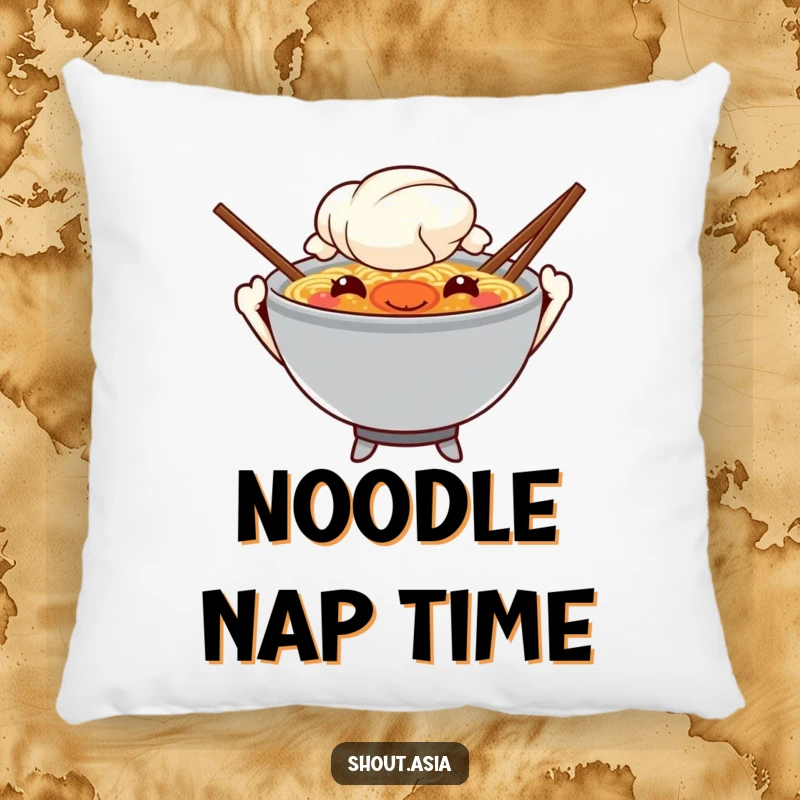 Funny ramen pillow featuring a mischievous ramen bowl with chopsticks for arms waving, perfect for adding humor and comfort to any room.