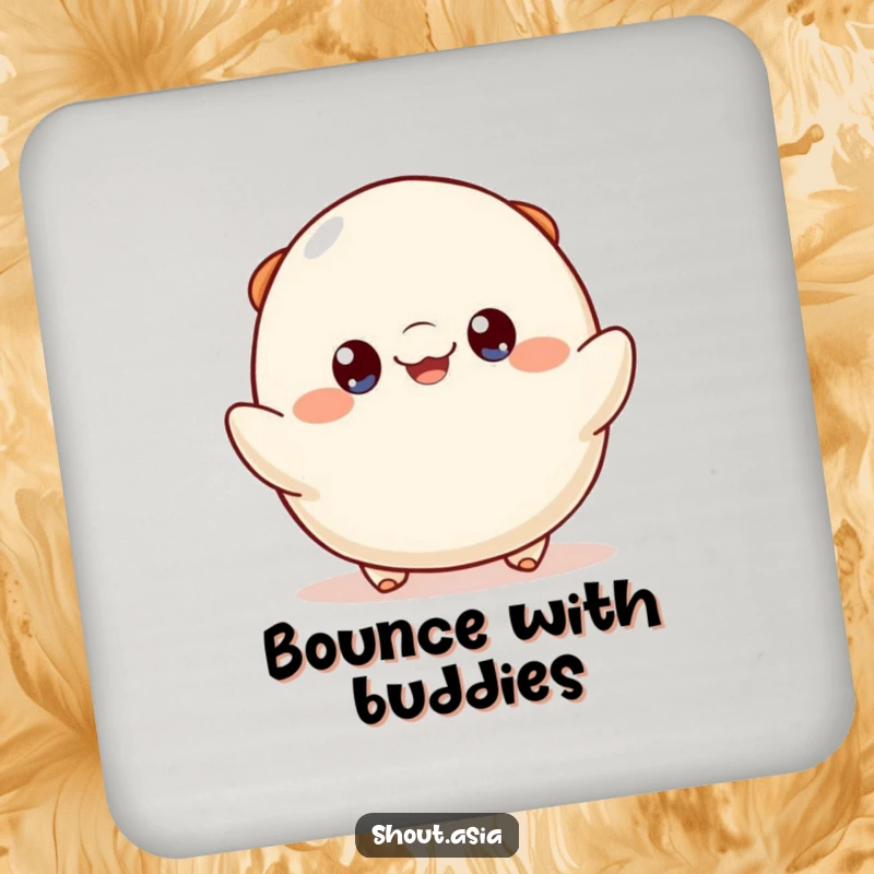 Funny dumpling coasters depicting a cheerful dumpling with bright eyes playfully bouncing, adding humor and protecting surfaces.