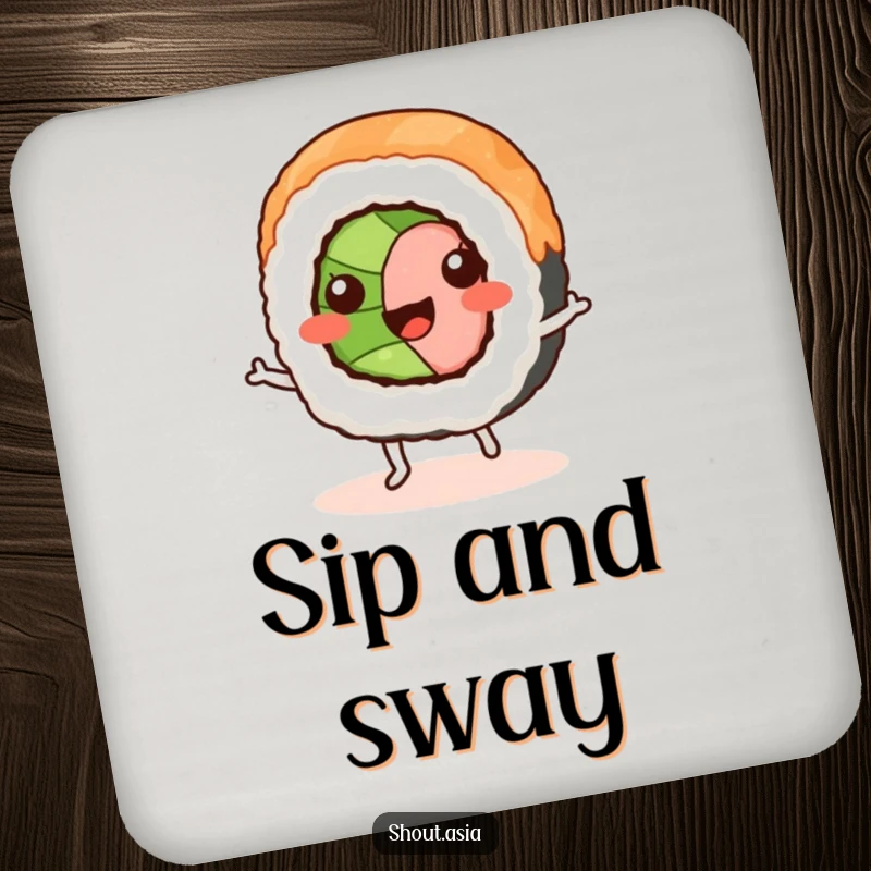 Funny sushi roll coasters depicting a smiling sushi with tiny legs doing a jig, protecting tables with a dose of humor.