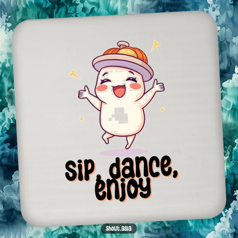 Funny dim sum coasters depicting a delighted platter doing a happy dance, protecting tables with a dose of food-inspired humor.