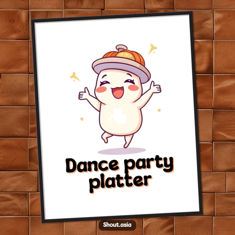 Funny dim sum poster depicting a delighted platter doing a happy dance, ideal for adding a humorous and joyful touch to any room.