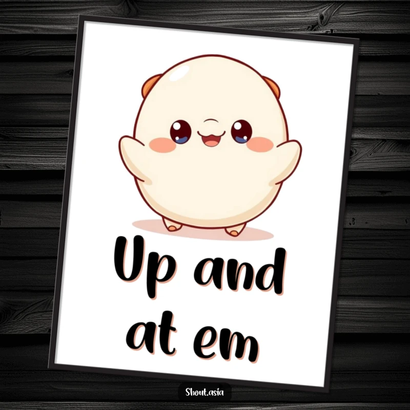Funny dumpling poster depicting a cheerful dumpling character with bright eyes playfully bouncing, ideal for adding a touch of humor to walls.