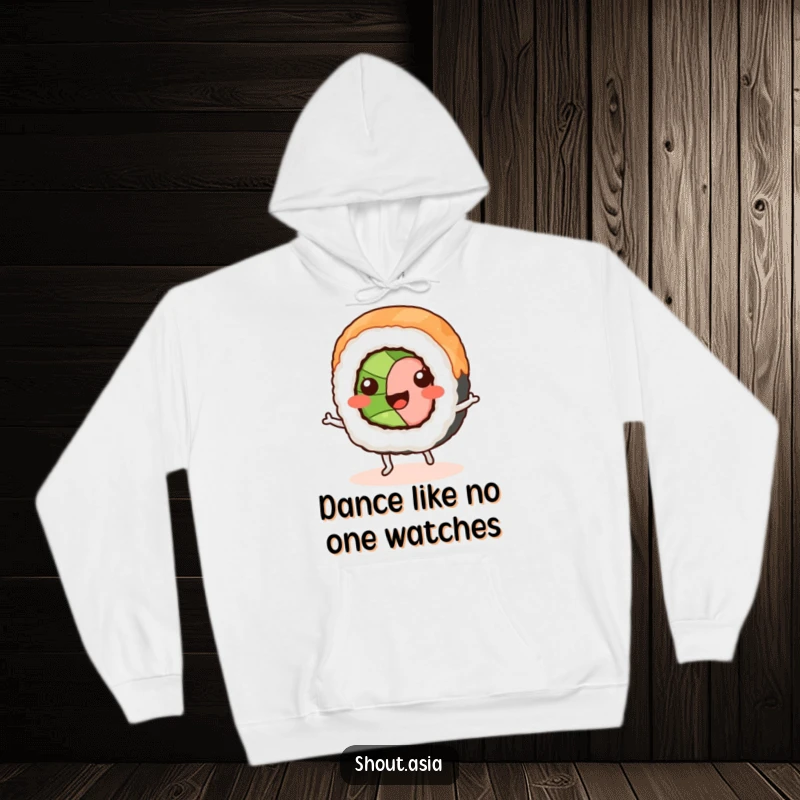 Funny sushi roll hoodie depicting a smiling sushi with tiny legs performing a lively jig, perfect for cozy, humorous lounging.