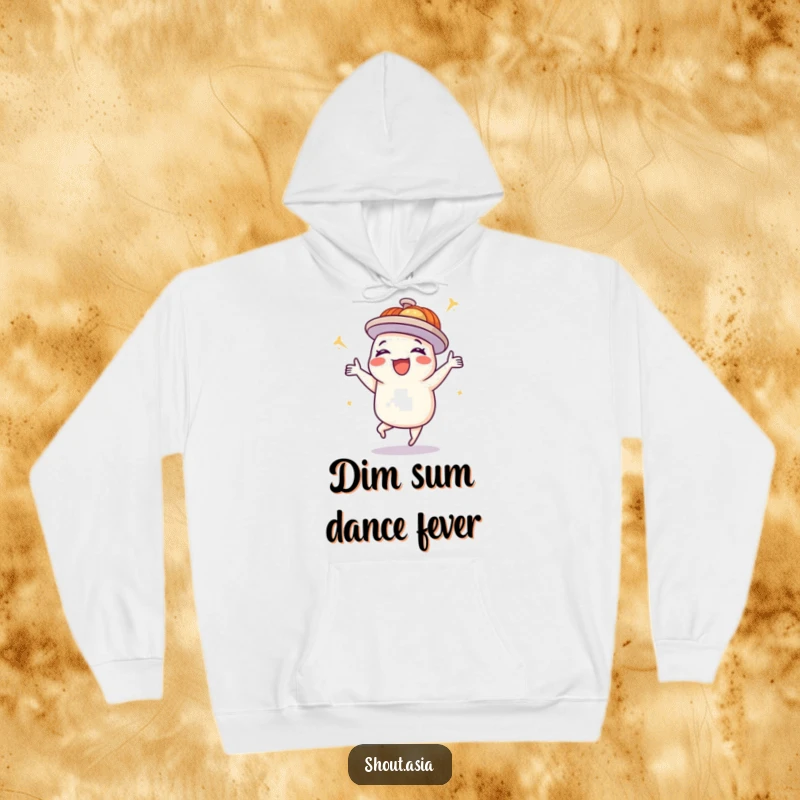 Funny dim sum platter hoodie featuring a delighted platter doing a happy dance, perfect for cozy, humorous lounging and streetwear.