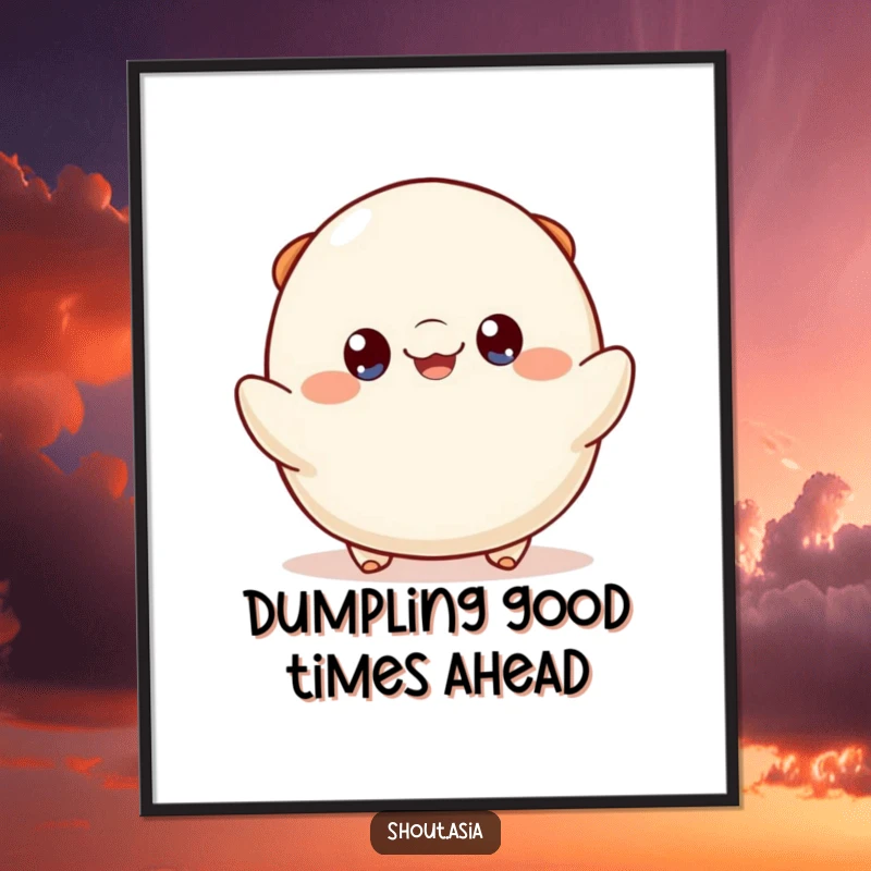 Funny free printable wall art of a cheerful dumpling with bright eyes, joyfully bouncing, adding a playful vibe.