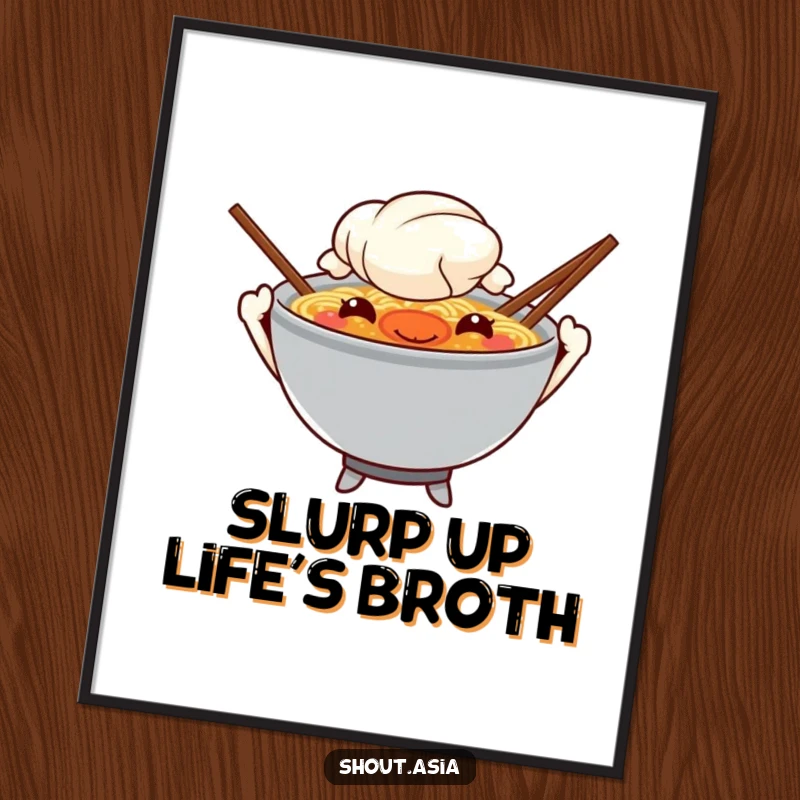 Funny free printable wall art of a mischievous ramen bowl with chopstick arms, waving a quirky greeting.