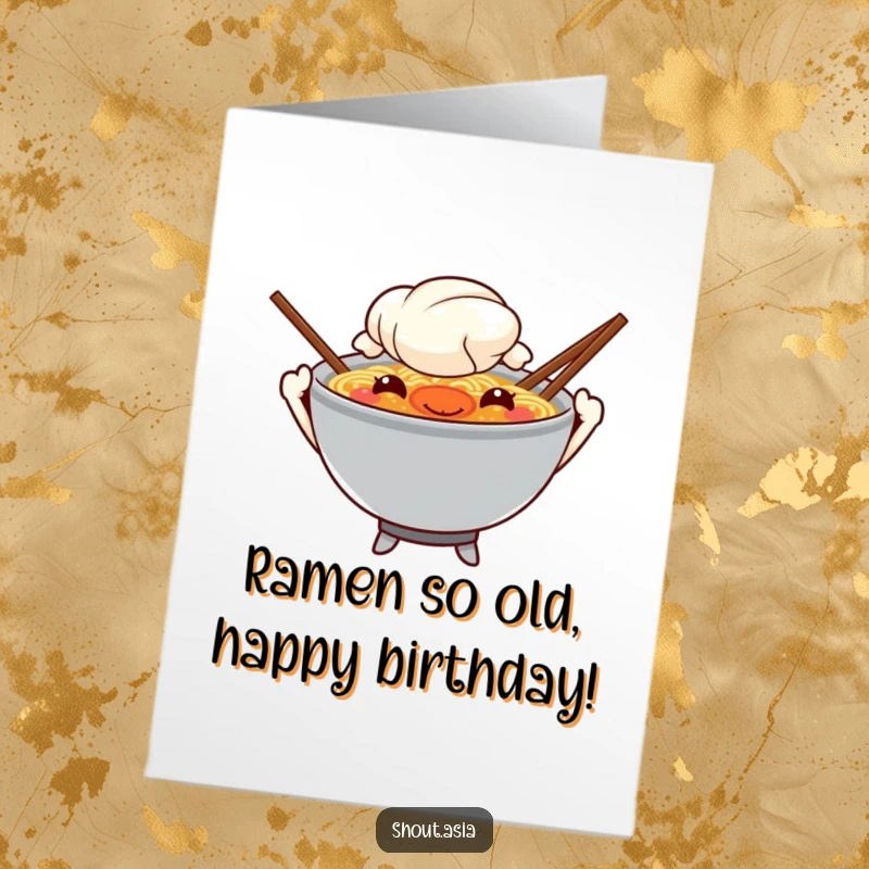 Funny free printable birthday card featuring a mischievous ramen bowl with chopsticks for arms, enthusiastically waving hello.