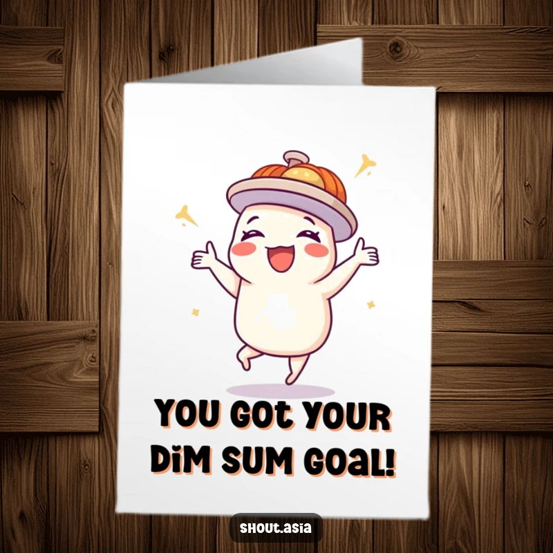 Funny free printable congratulations card showing a delighted dim sum platter doing a lively happy dance for success.