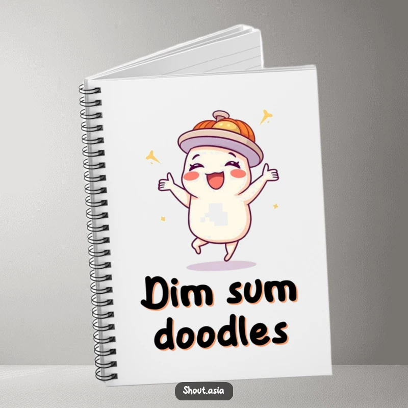 Funny dim sum notebook featuring a delighted platter doing a happy dance, ideal for journaling, notes, and creative brainstorming.