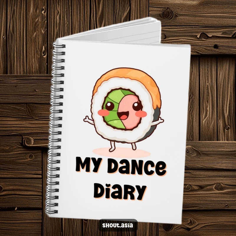Funny sushi roll notebook featuring a smiling sushi with legs doing a jig, perfect for journaling, notes, and creative brainstorming.