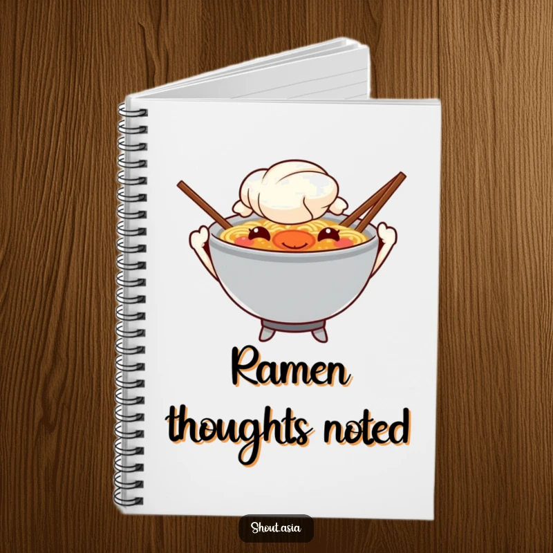 Funny ramen notebook featuring a mischievous ramen bowl with chopstick arms waving, ideal for journaling, recipes, and creative writing.