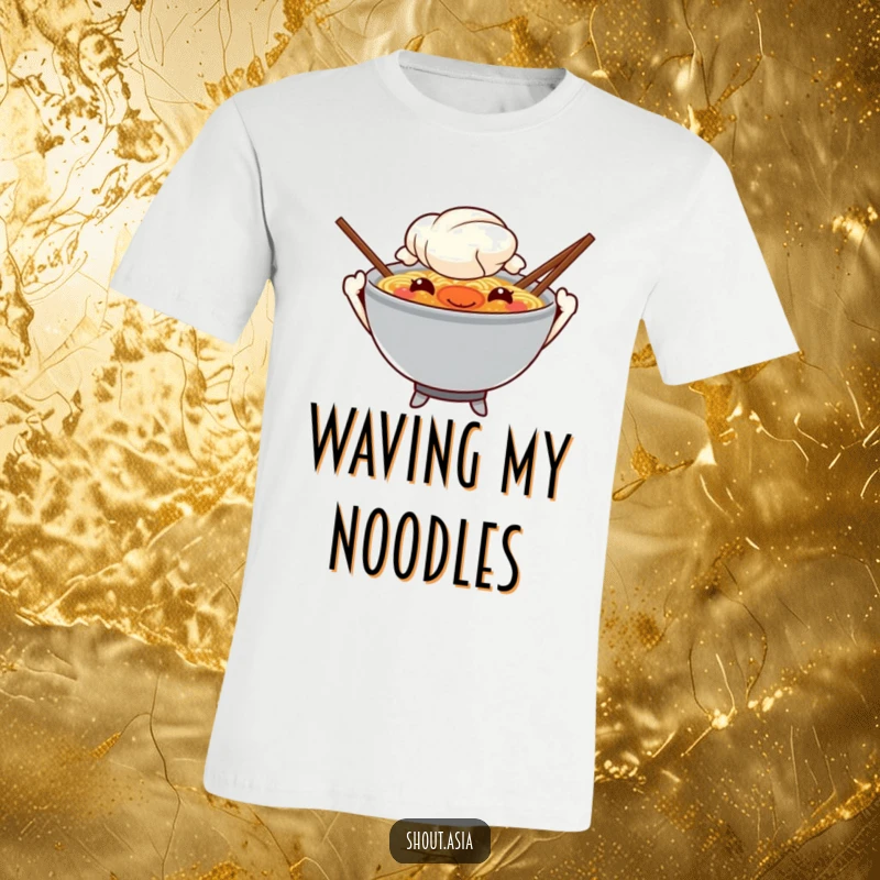 Funny ramen t-shirt showing a mischievous ramen bowl with chopstick arms waving, ideal for casual wear and food festivals.