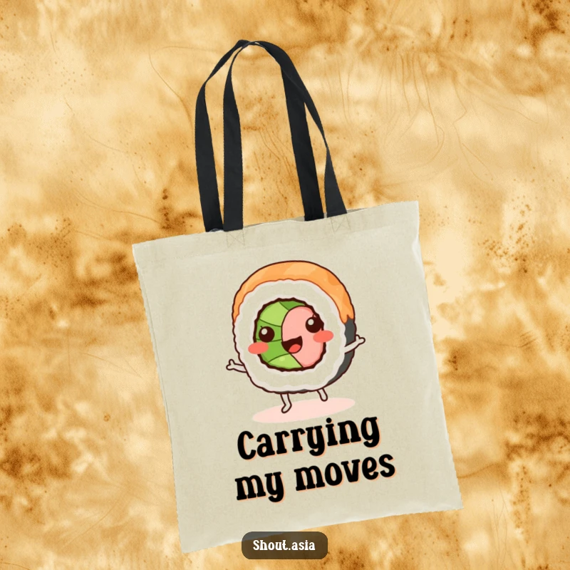 Funny sushi roll tote bag featuring a smiling sushi with small legs doing a happy dance, practical and humorous for shopping.