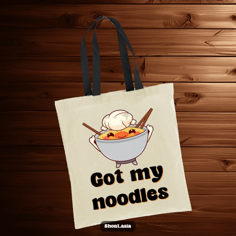 Funny ramen tote bag showing a mischievous ramen bowl with chopstick arms waving, great for shopping and carrying your essentials with humor.