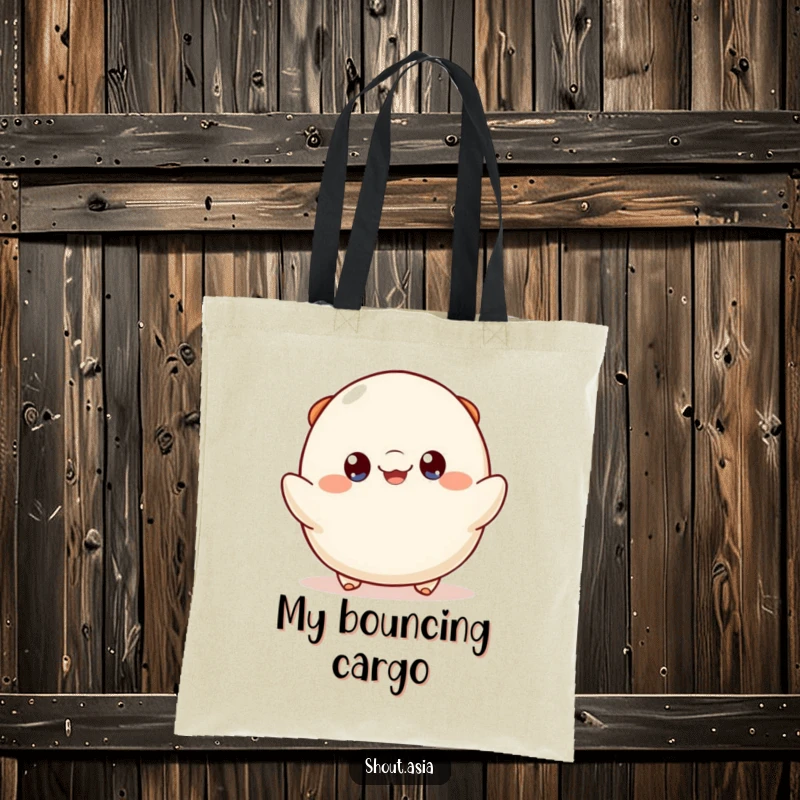 Funny dumpling tote bag showing a cheerful dumpling with bright eyes playfully bouncing, great for shopping and carrying essentials.